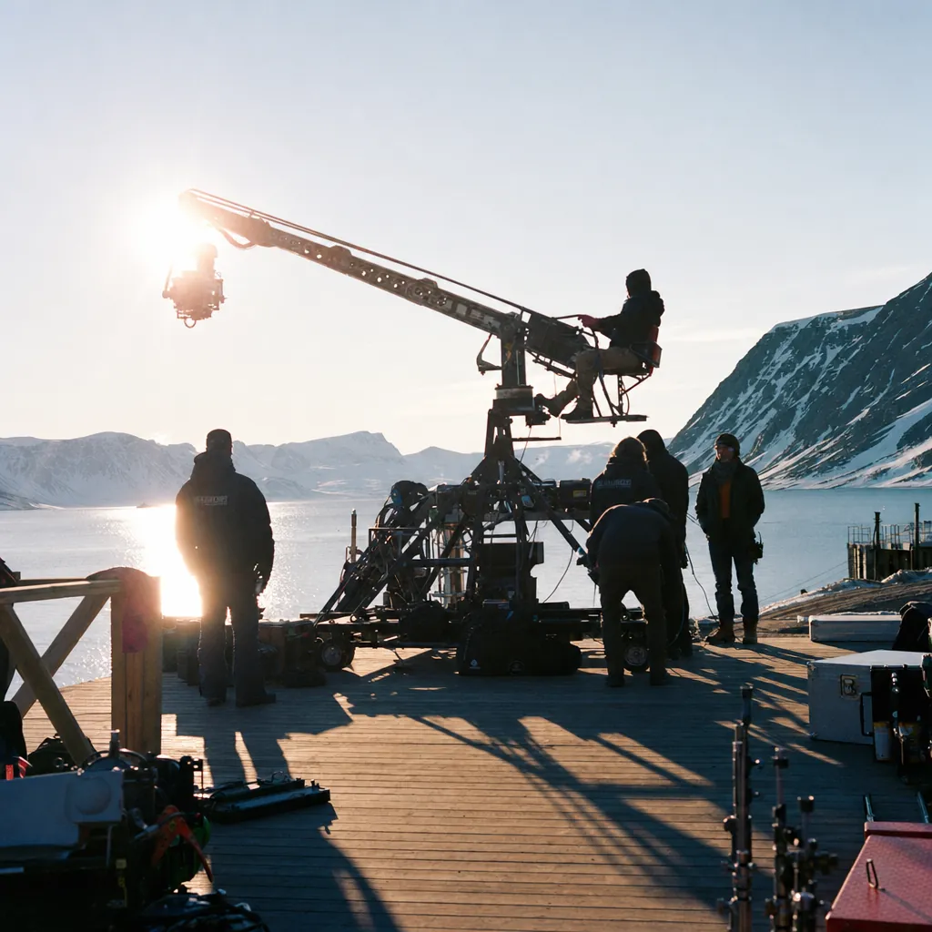 Large cinematic camera crane setup on a wooden jetty by a still Arctic lake, equipment silhouetted against the bright midnight sun