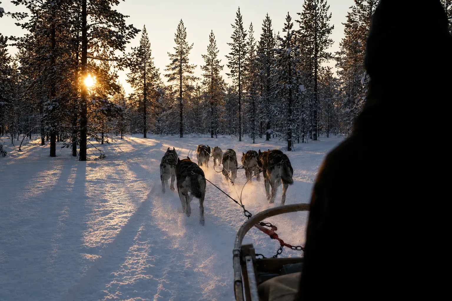 Six-dog husky team running through a snowy Finnish pine forest at golden hour