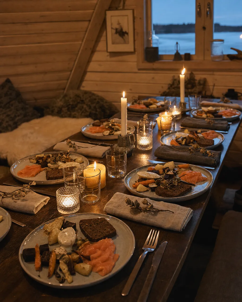 Long wooden table set for a wilderness dinner inside a warm timber kota, candle-lit, plated Nordic food, no people