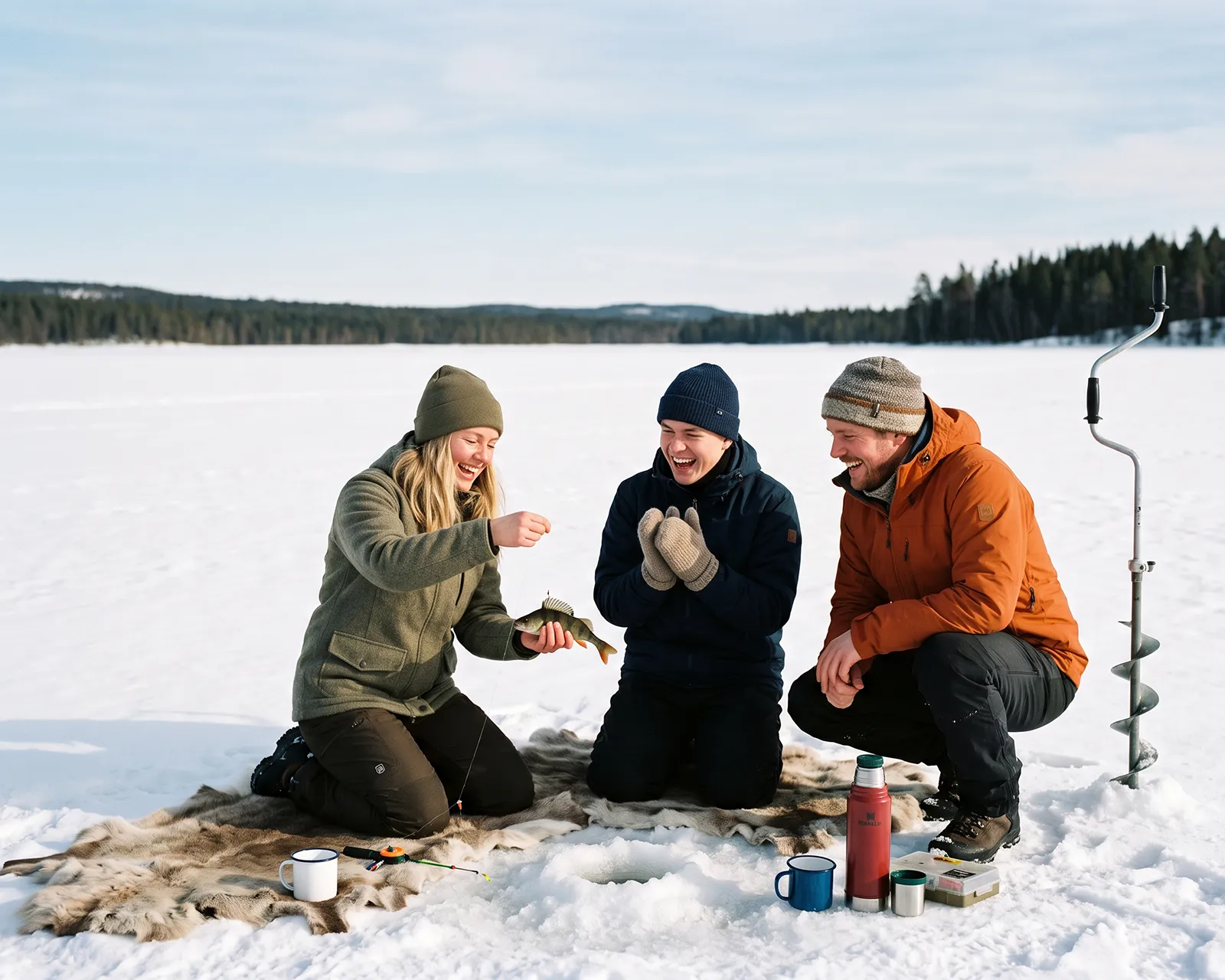 Three colleagues laugh together on a frozen lake in Finnish Lapland as one of them lifts a small perch from an ice-fishing hole