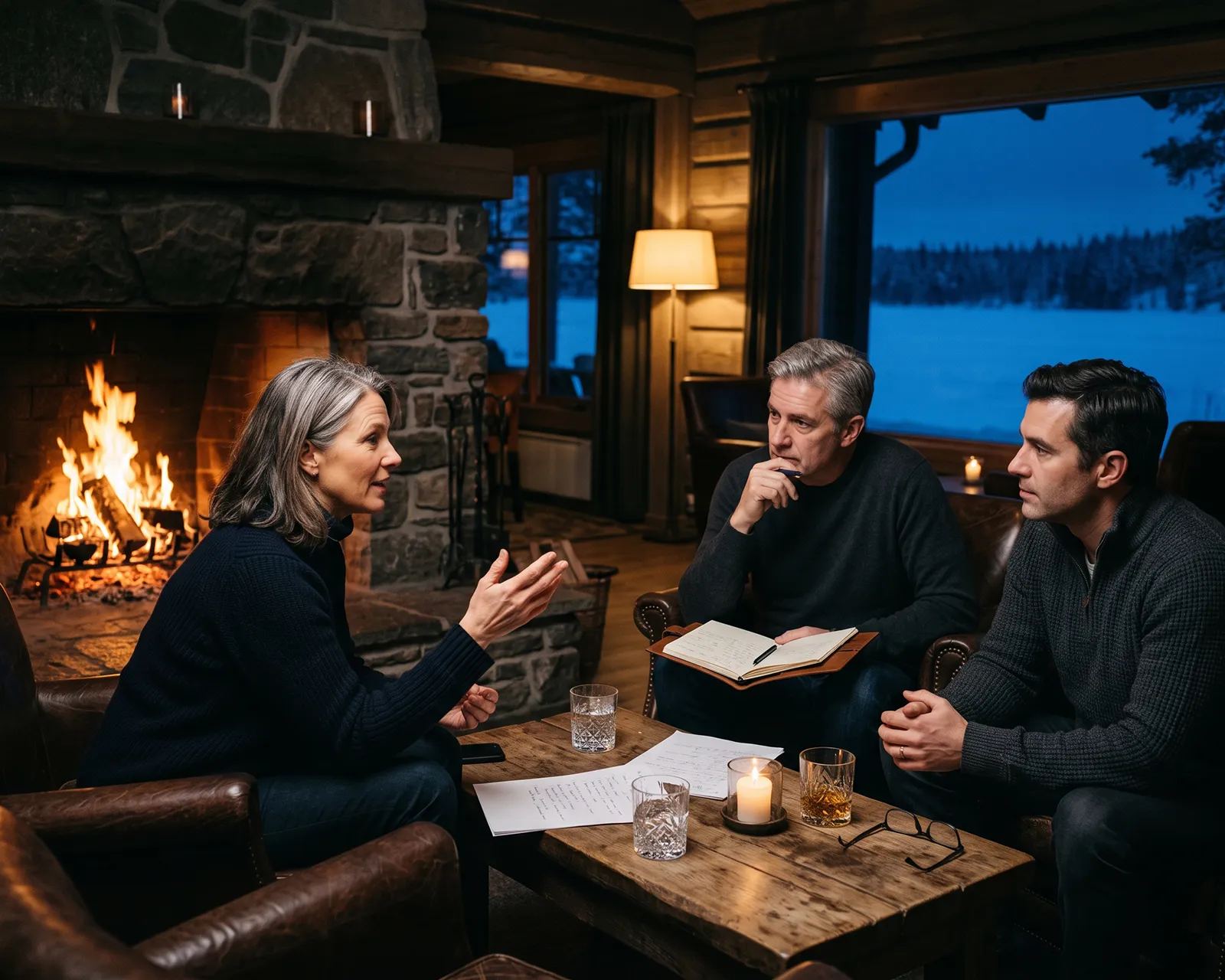 Three executives in deep discussion around a stone fireplace in a Nordic lodge at blue hour, with notes and a notebook between them and a frozen lake in the window behind
