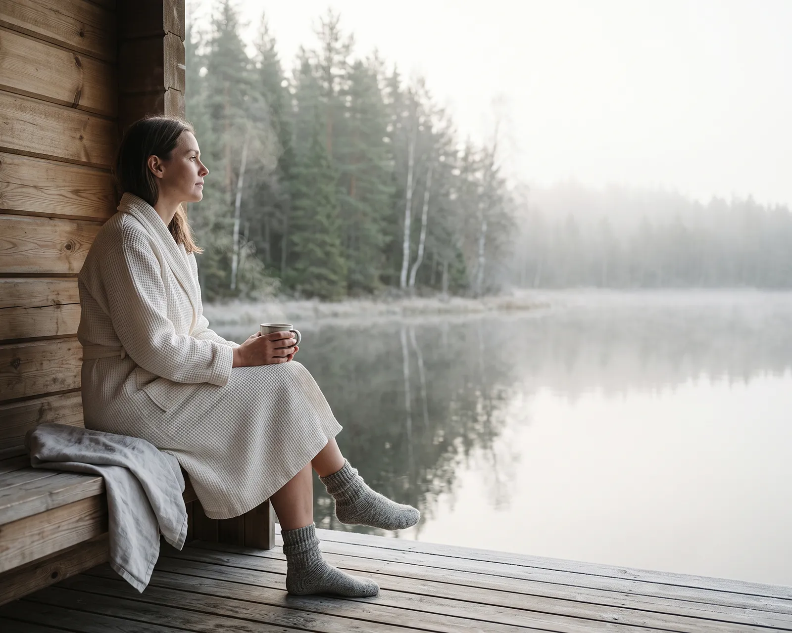 A guest in a white robe and wool socks sits on the deck of a lakeside sauna with a morning coffee, looking out over a still, misty lake in Finnish Lapland