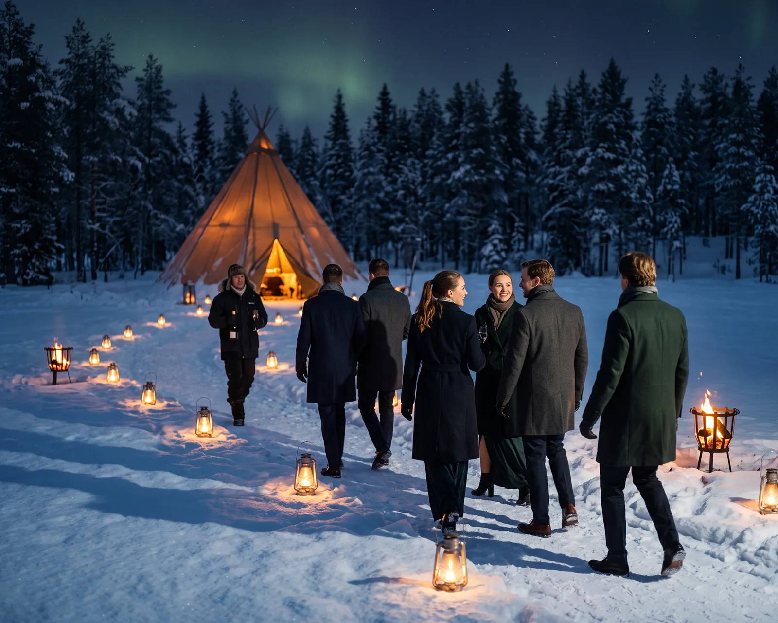Elegantly dressed guests walk a lantern-lit path through snow toward a glowing tipi tent for a private evening celebration under a faint aurora in Finnish Lapland