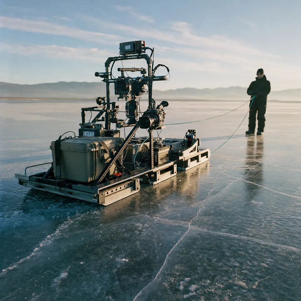 Heavy-duty multi-camera rig mounted on a specialised ice sled on a vast cracked frozen lake, low sun on the horizon casting a long shadow from the equipment