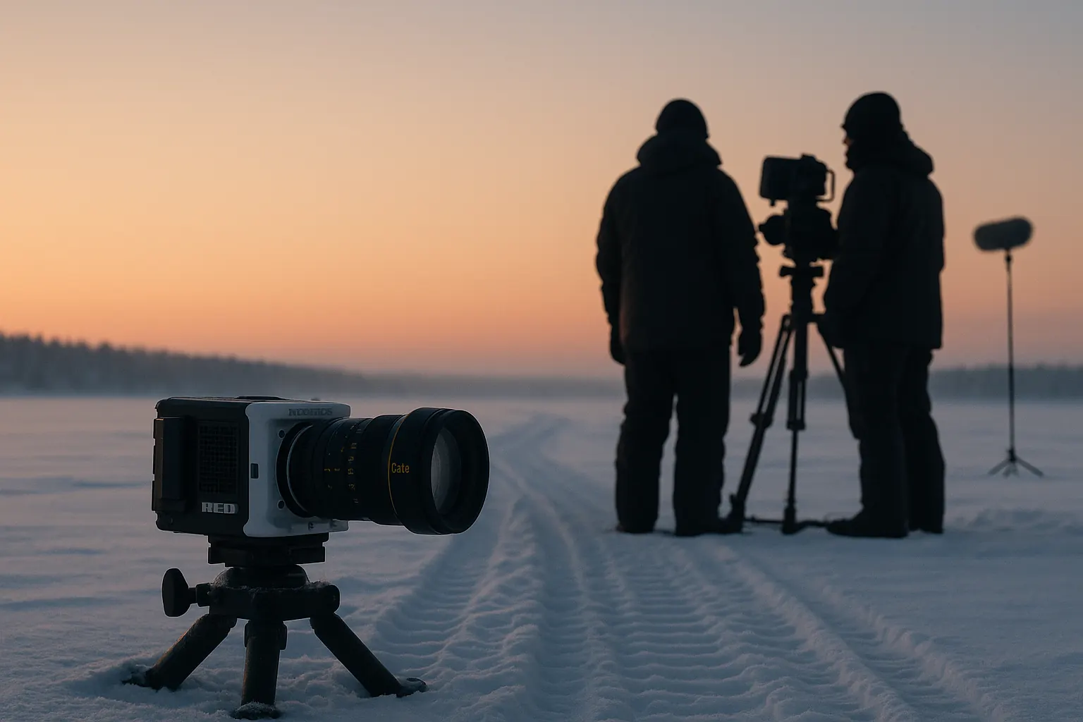 Film production camera on a frozen Arctic lake at dawn, two operators in cold-weather gear silhouetted against pale orange sky